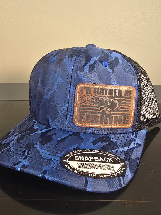 Blue Camo Snapback Hat - I'd Rather Be Fishing