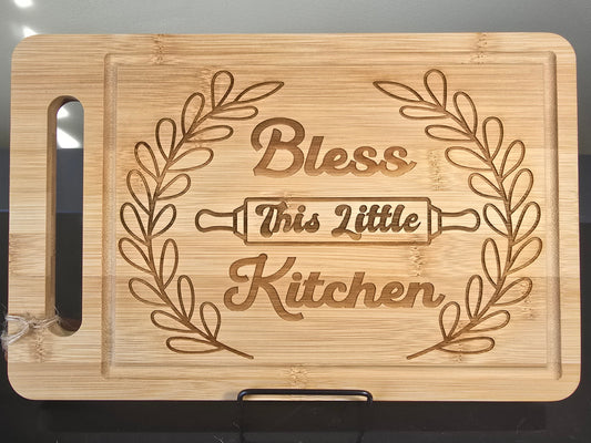Bless This Little Kitchen Bamboo Cutting Board with Juice Groove