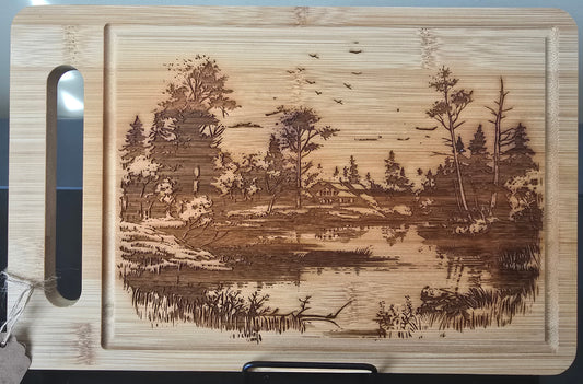Lake Scene Bamboo Cutting Board with Juice Groove