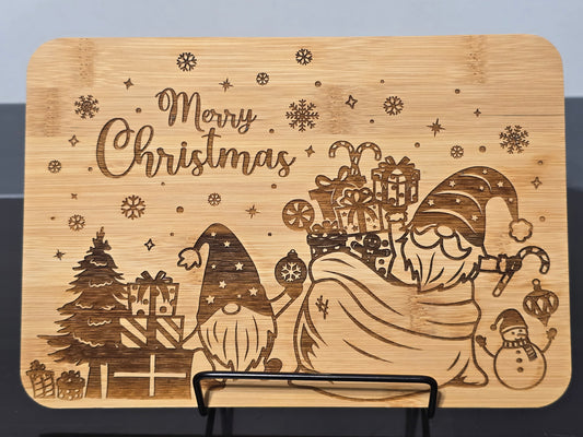 Merry Christmas Gnomes with Presents Small Bamboo Cutting Board