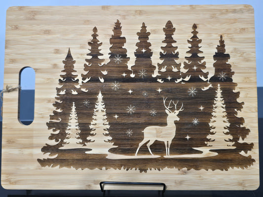 Winter Buck and Pines Large Bamboo Cutting Board
