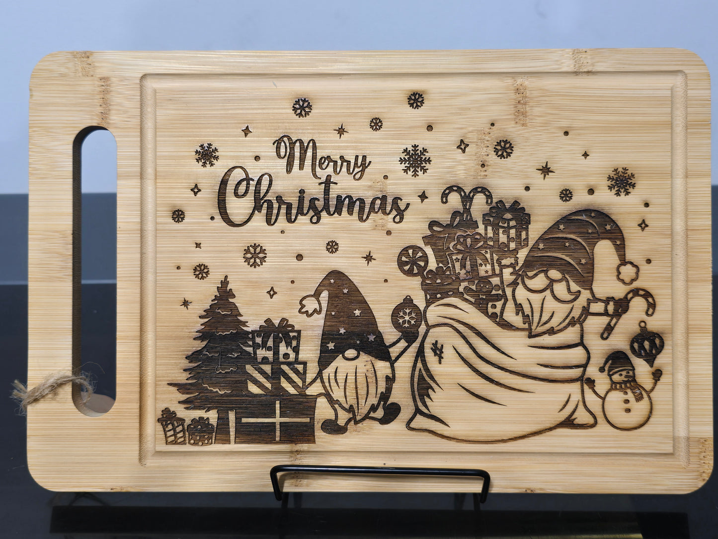 Merry Christmas Gnomes with Presents Bamboo Cutting Board with Juice Groove